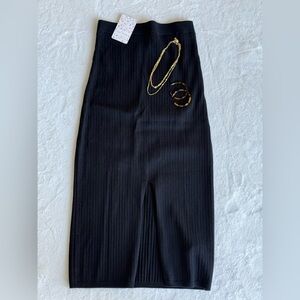 Free People Black Ribbed Midi Skirt, small, low front slit
